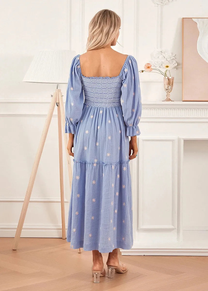 Sininen puuvillaharsosta valmistettu boho-mekko – kuva 2