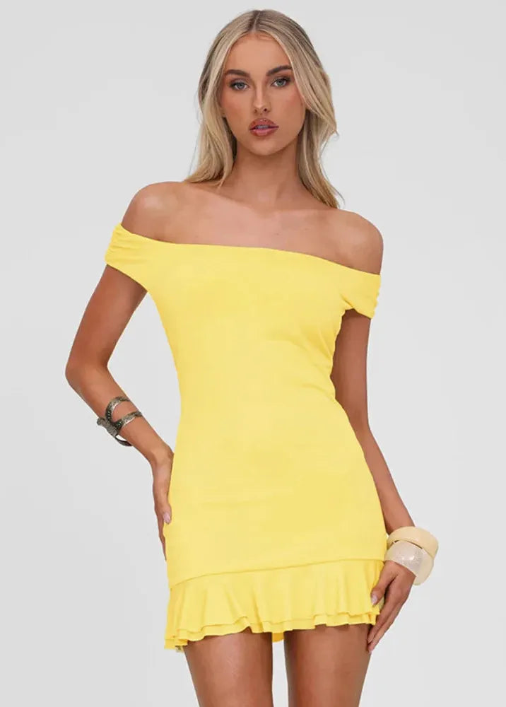 Keltainen bardot-mekko