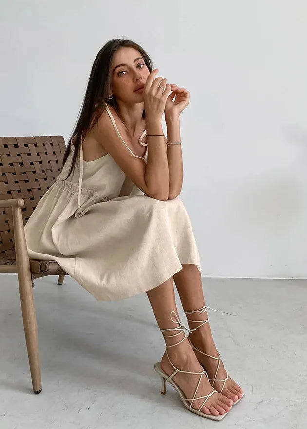 Beige pellavamekko – kuva 3