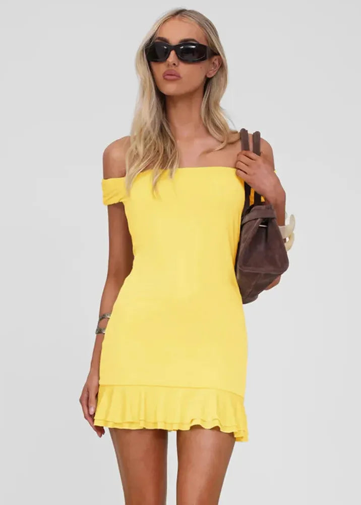 Keltainen bardot-mekko – kuva 4